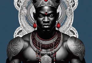 An african god, a bald black-skinned warrior, that uses a sword and a silver crown. He also uses blue and red necklaces tattoo idea