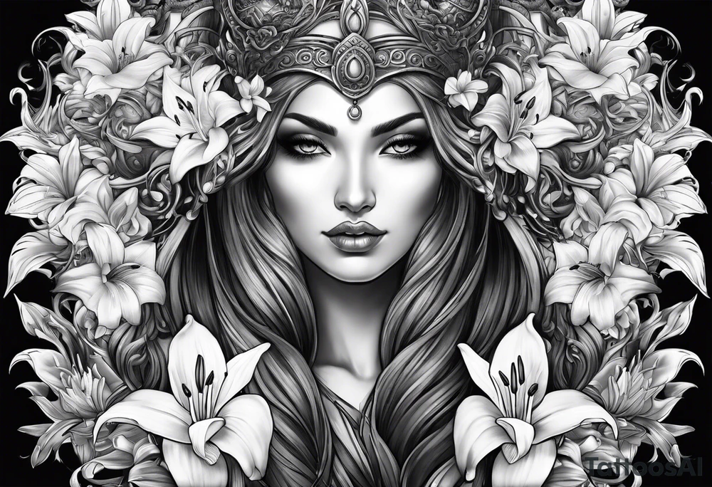 Skulls, lilies, the goddess Mara tattoo idea