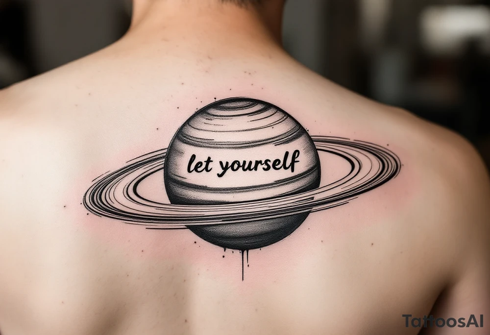 Minimalistic saturn planet, but the text «let yourself» is placed inside saturns rings tattoo idea