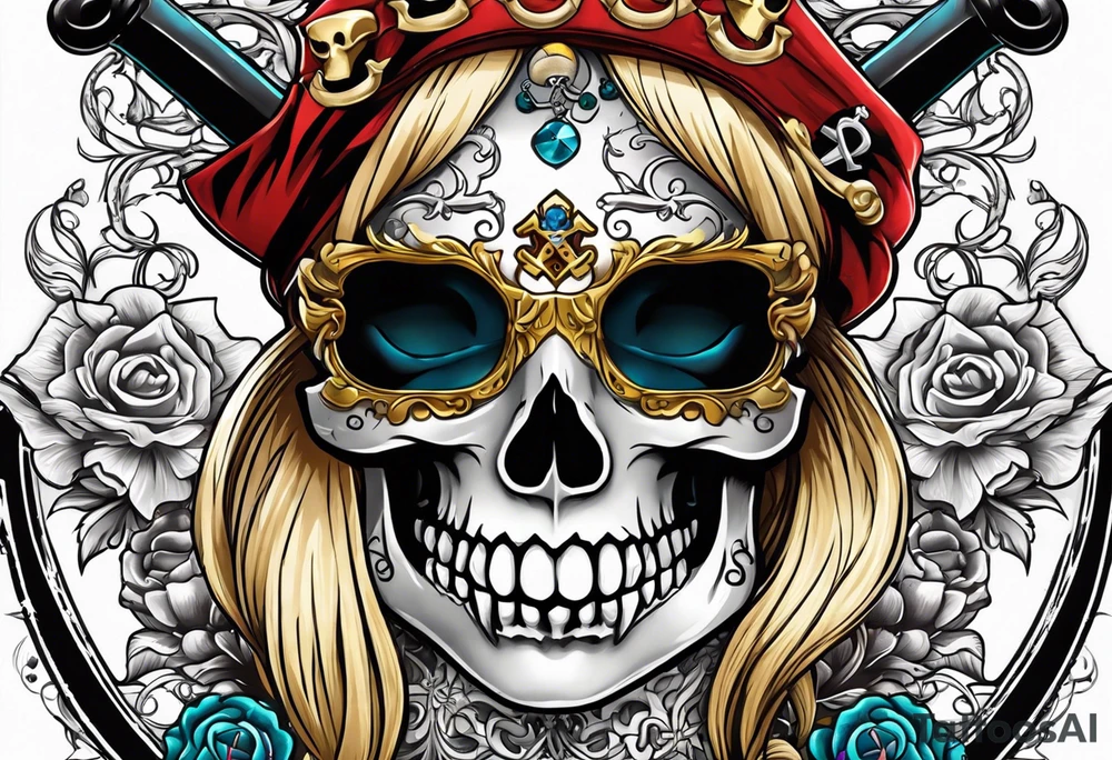 create a feminine pirate skull with two blonde pigtails and crossbones under tattoo idea
