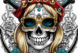 create a feminine pirate skull with two blonde pigtails and crossbones under tattoo idea
