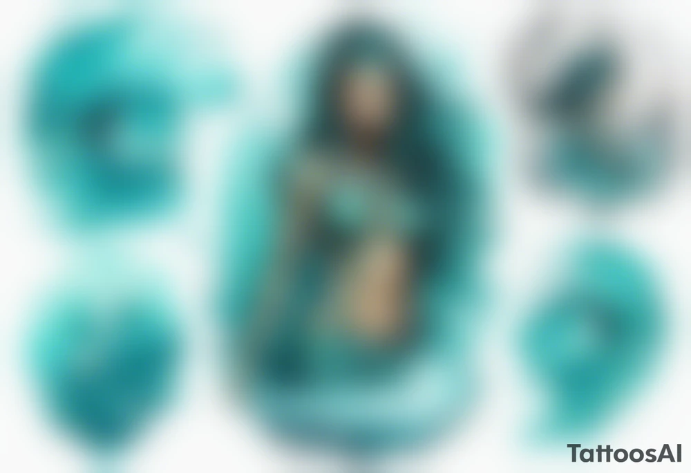 a turquoise Na'vi woman standing in the sea surrounded by crashing waves tattoo idea