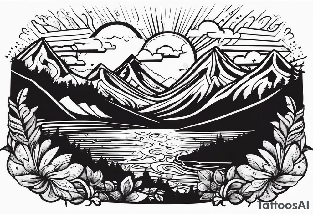 Mountains and in the mountains is a sun with sunbeams that comes out on the mountains from the mountains a river runs down tattoo idea
