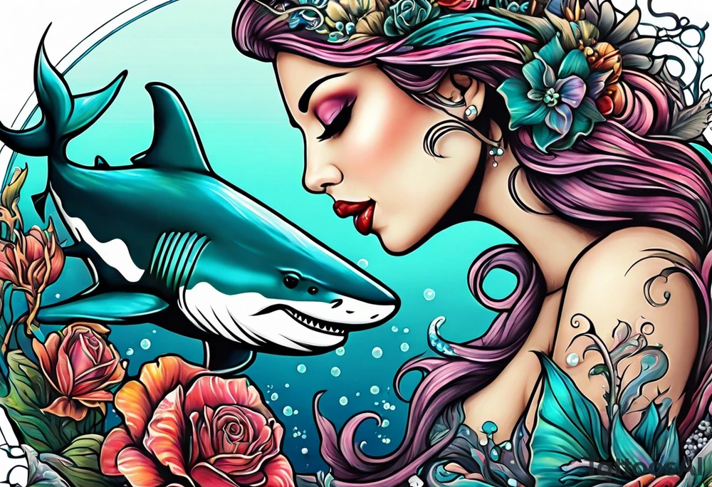 Mermaid kissing a shark tattoo idea