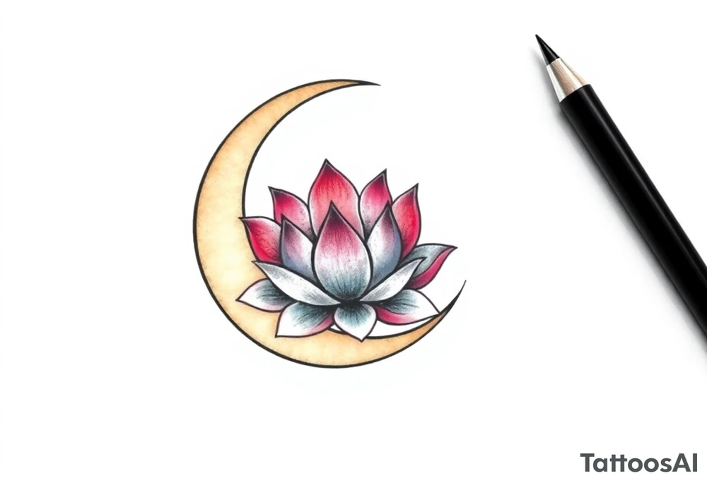small colorful crescent moon with lotus flower tattoo idea
