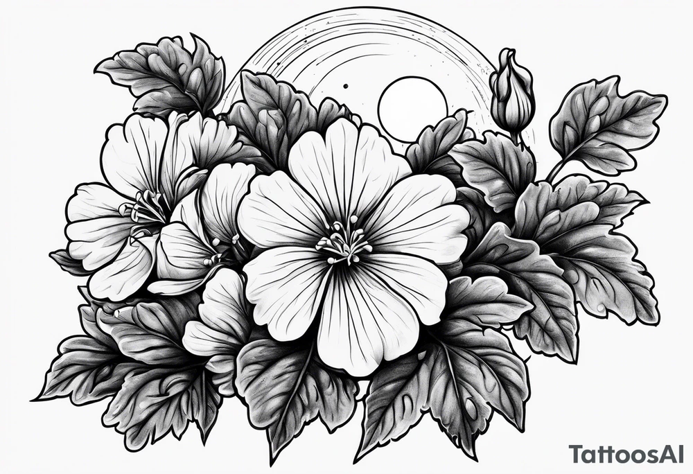 Geraniums as rain with a crescent moon behind tattoo idea