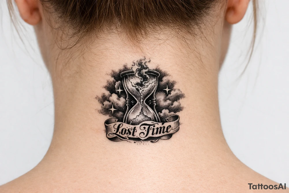 Black and grey realism tattoo design of a cracked, shattered hourglass centered in dark heavy clouds. Sand and dark smoke floating upward out of the glass. Custom gothic script lettering that says "Lost Time" wrapped around the base. Chicano style shading, deep blackwork background, sharp 4-point sparkle stars, high contrast, clean white background, tattoo stencil style tattoo idea
