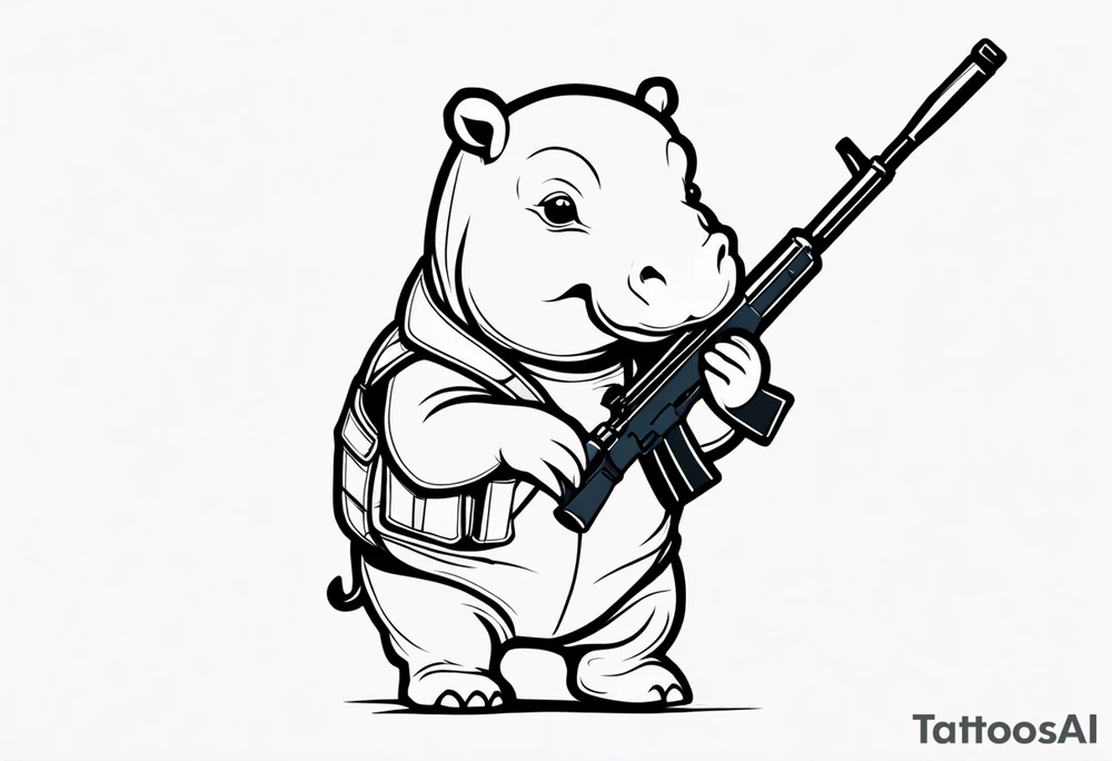Baby hippo wearing a overalls and holding a sniper rifle tattoo idea