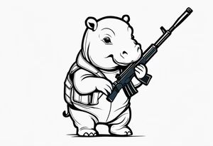 Baby hippo wearing a overalls and holding a sniper rifle tattoo idea