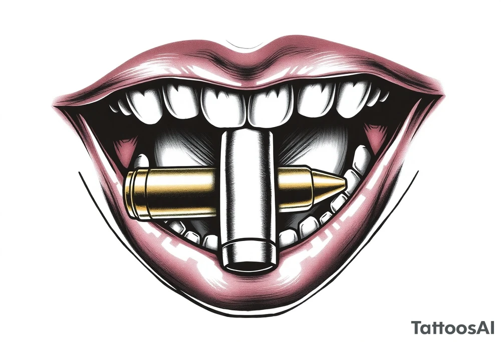 A set of lips snarling with 50cal round between teeth tattoo idea