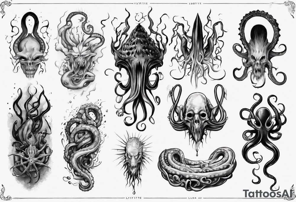 lovecraft mythe long tattoo
with lot of tentacle for forearm and hand
crazy tattoo idea