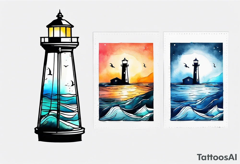 Farol no oceano em mar bravo aquarelado tattoo idea