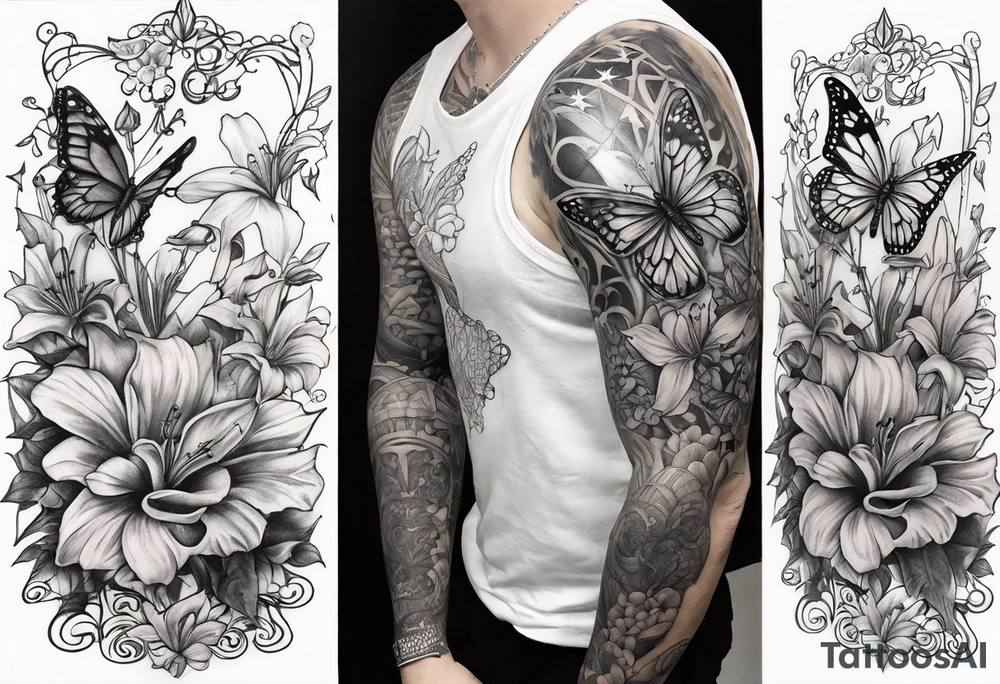 Harvey Ruby lillies flowers butterflies stars fantasy books half sleeve tattoo idea