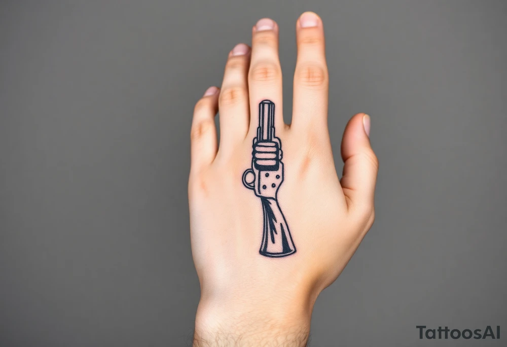 Actual size Revolver .45 caliber elegant but simple art work on gun. With barrel being pointer finger and but of gun near wrist. tattoo idea