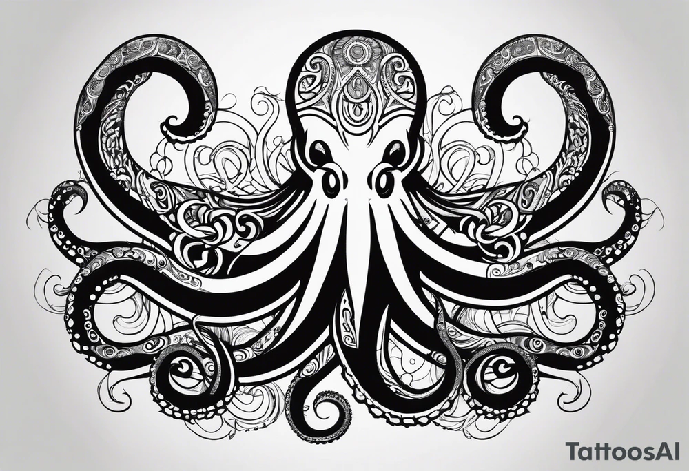 Hawaii tribal octopus with thick lines, less detail, and water waves tattoo idea