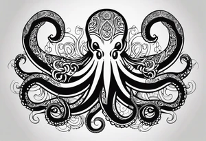 Hawaii tribal octopus with thick lines, less detail, and water waves tattoo idea