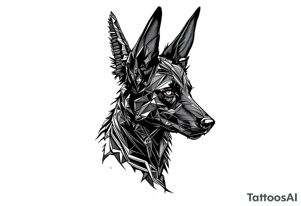 a creature that looks strongly like a black Labrador and a black German Shepard , resembling Anubis, with the tall pointy ears of a jackal, the top of one ear floppy , looking back, serious and daring tattoo idea