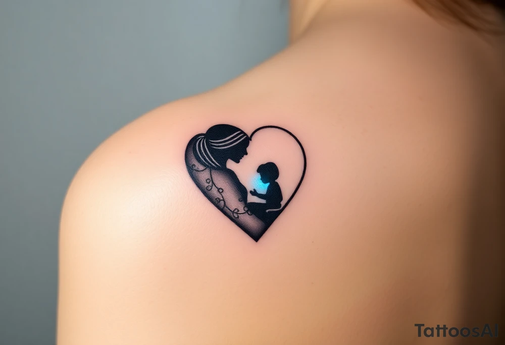 A mother and child shadow inside a heart-shaped puzzle piece, in black and white with a subtle blue glow tattoo idea