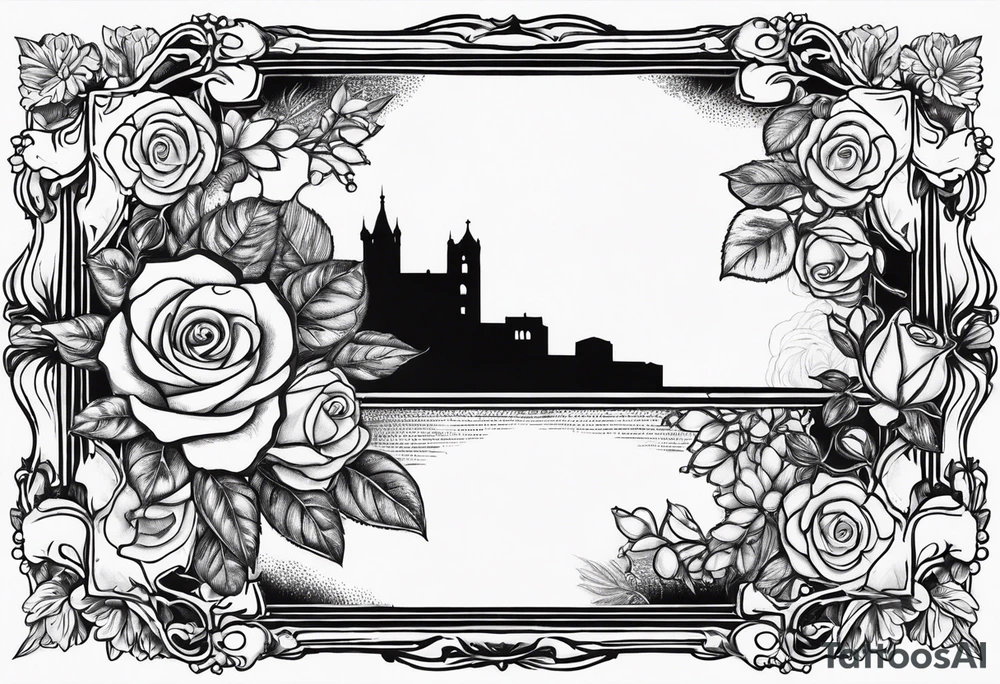 Vintage picture frame within the picture frame there are roses and baby’s breath flowers tattoo idea