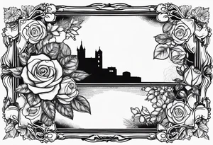 Vintage picture frame within the picture frame there are roses and baby’s breath flowers tattoo idea