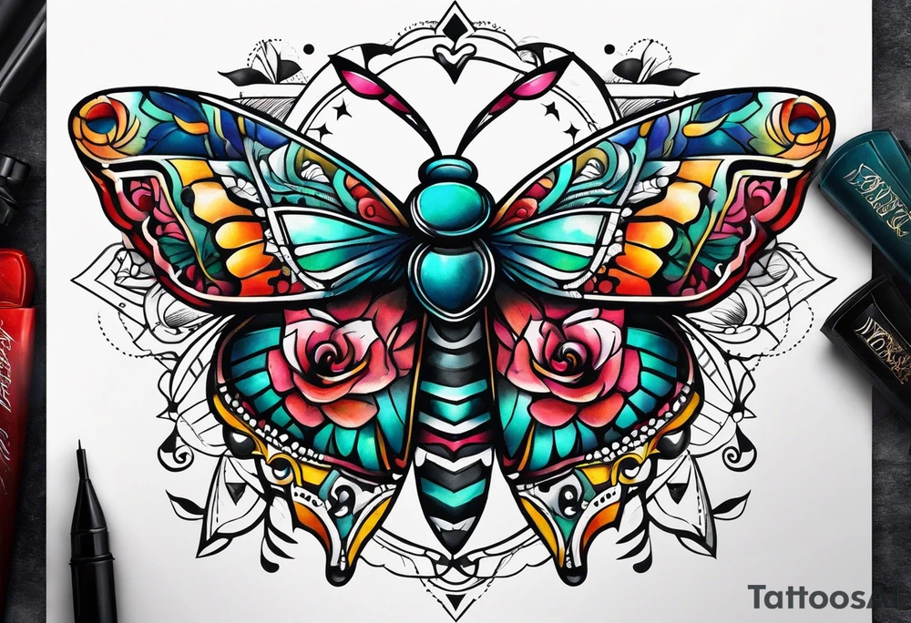 Modern Mexican style moth tattoo idea