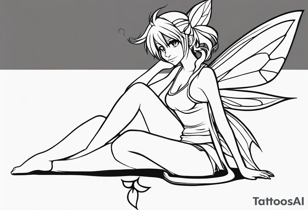 No color sketch of a fairy with a tail inspired by the guild symbol in the anime show called Fairy Tail in a fetal position leaning in and forward while crawled in tattoo idea