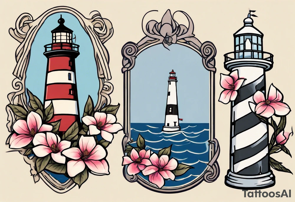 Sailor Jerry tattoo of a light house bordered by magnolia flowers and rope. Behind the light house is a periwinkle blue cancer awareness ribbon tattoo idea