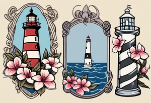 Sailor Jerry tattoo of a light house bordered by magnolia flowers and rope. Behind the light house is a periwinkle blue cancer awareness ribbon tattoo idea