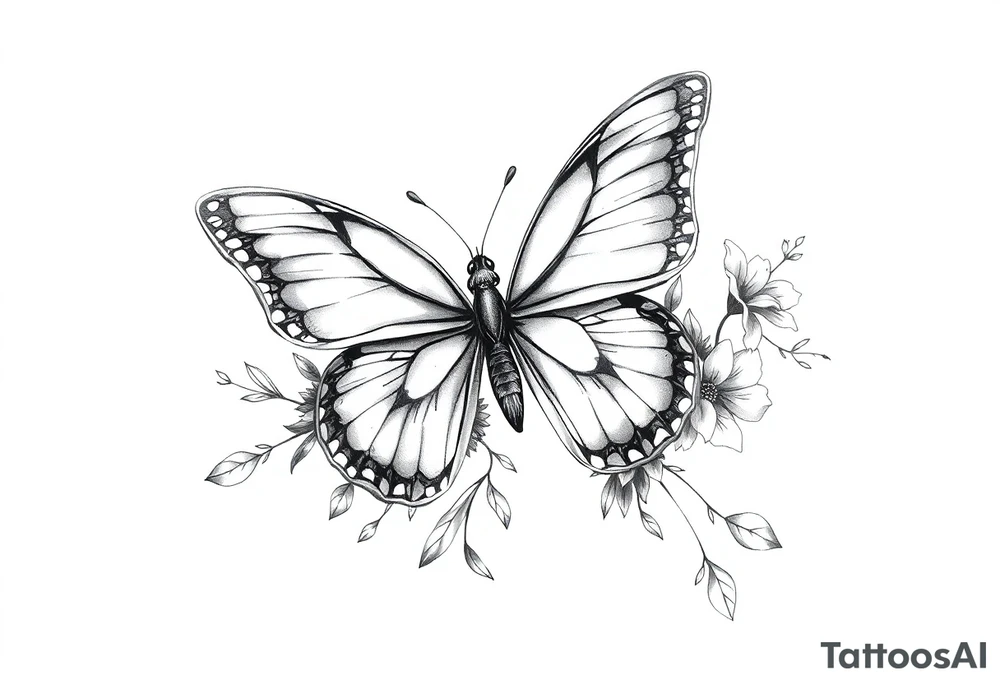 Butterfly half real half floral tattoo idea