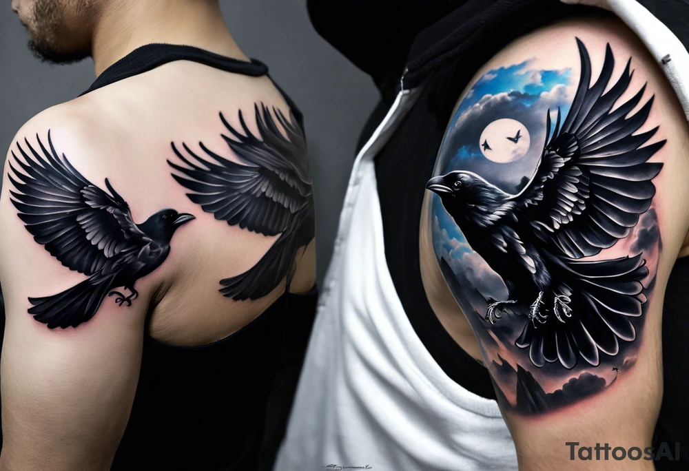 Black and white tattoo. The main image is a raven and a butterfly flying together towards the sky. The raven is shrouded in light and the butterfly in darkness. In the background you can see a 46 (from Valentino Rossi). You can also see a small scorpion and an 89, as well as a large lettering that reads "SKF". tattoo idea