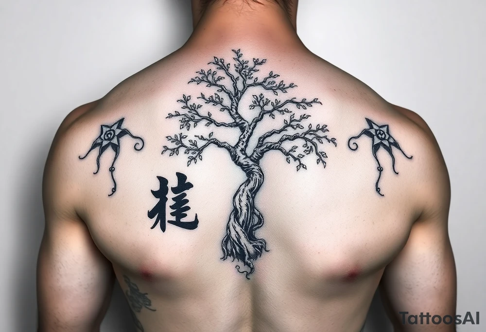 japanese writing with money tree on chest tattoo idea