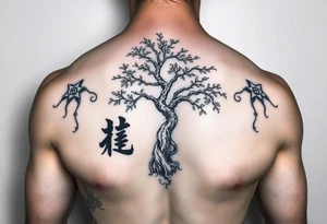 japanese writing with money tree on chest tattoo idea
