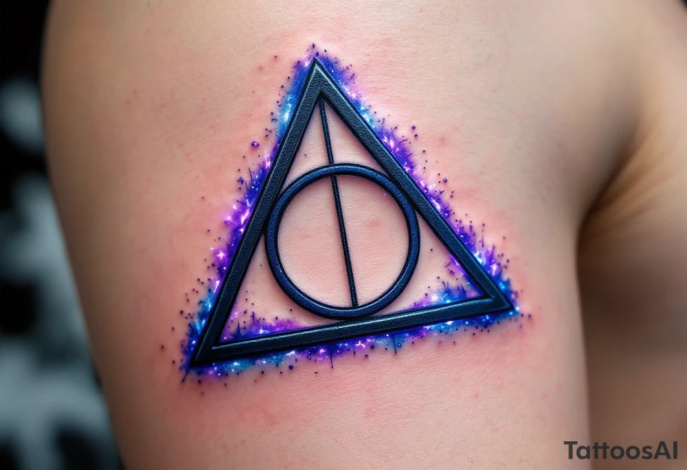 A detailed Deathly Hallows symbol (triangle, circle, and line) with a soft effect around it in deep blue and purple hues, giving it an ethereal and magical feel, symbolizing the power of the three legendary objects. tattoo idea