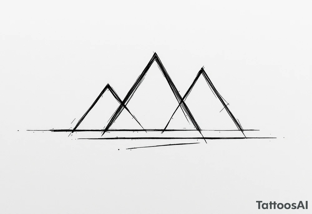 A minimalist geometric composition featuring three triangular peaks of varying sizes, forming a stylized mountain range. Each peak is outlined with clean, sharp lines, and the tallest peak is centered for balance. Below the mountains is a thin, straight horizontal line, representing a trail or path. tattoo idea