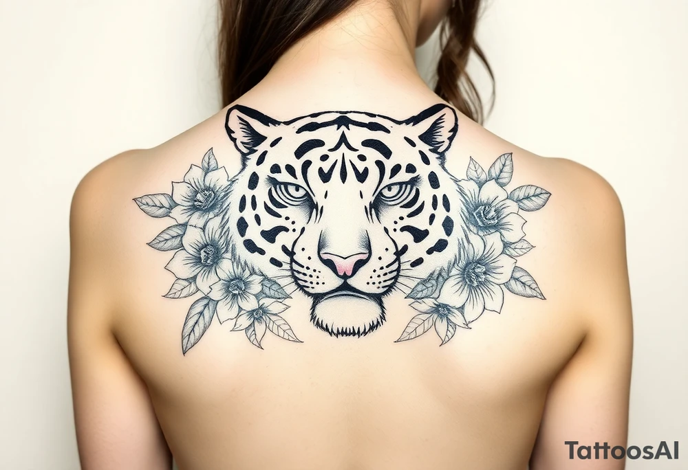 a whole tiger with some flowers around it tattoo idea