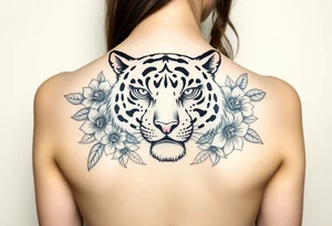 a whole tiger with some flowers around it tattoo idea