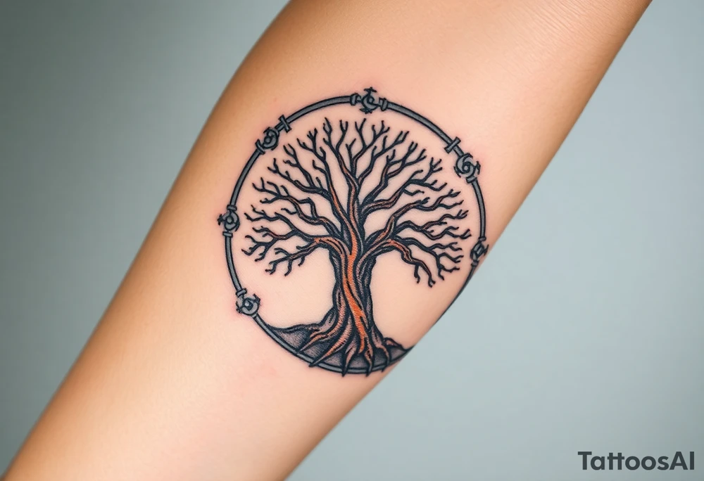 The Tree of Life surrounded by norse symbology, color infused tattoo idea