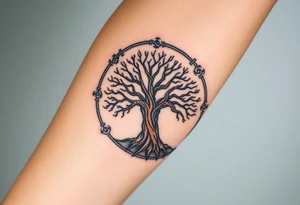 The Tree of Life surrounded by norse symbology, color infused tattoo idea