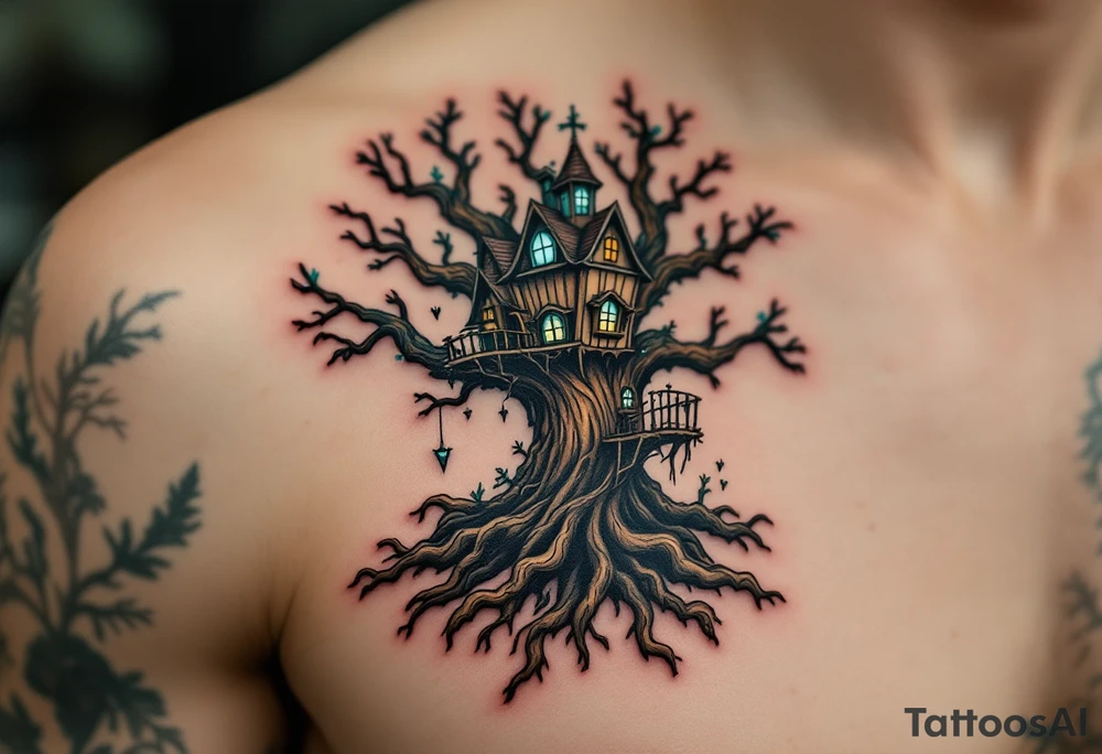 Tim Burton’s gothic treehouse perches awkwardly on twisted roots, shaded in brown, charcoal, and faded teal. tattoo idea