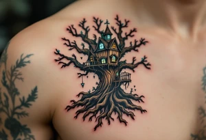 Tim Burton’s gothic treehouse perches awkwardly on twisted roots, shaded in brown, charcoal, and faded teal. tattoo idea