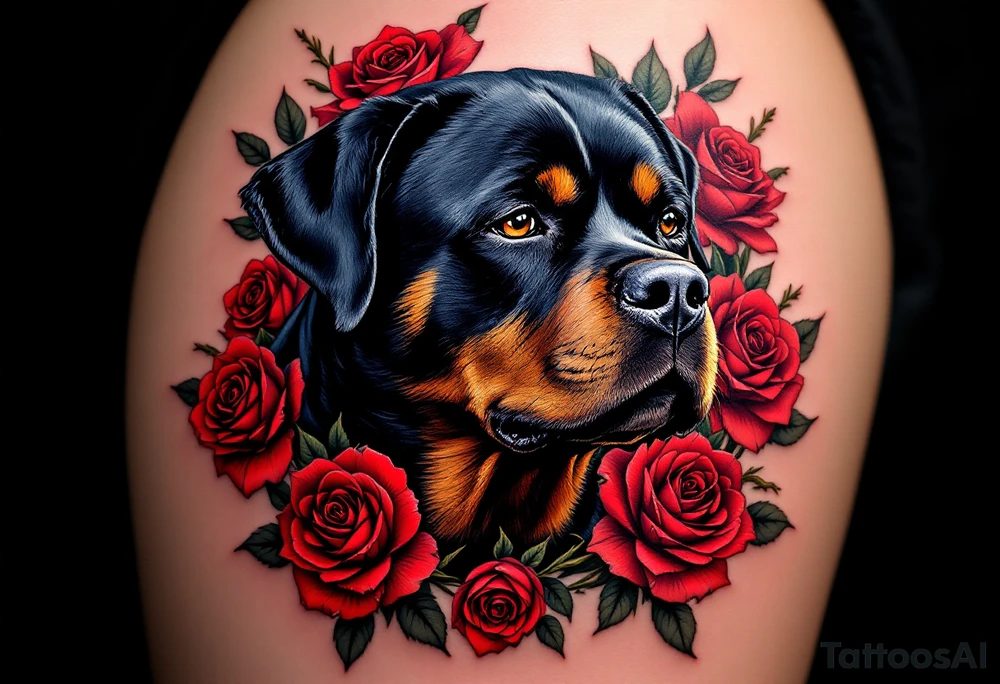 Rottweiler with Rose Wreath – A calm Rottweiler portrait surrounded by red and deep burgundy roses. Use full color with high contrast between the dark fur and bright petals. tattoo idea