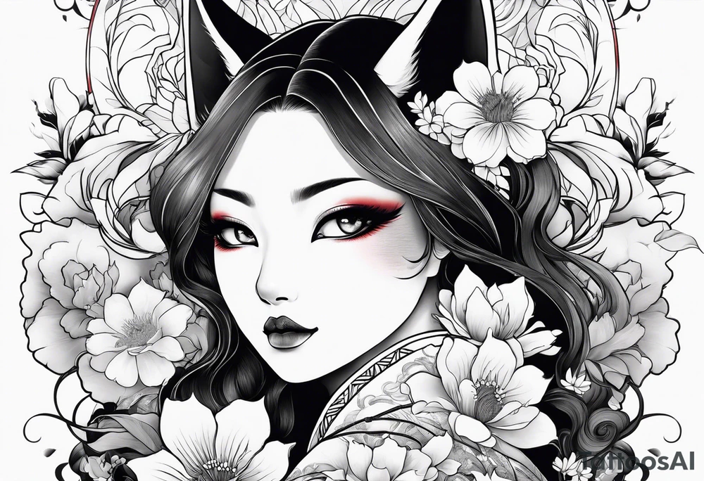 kitsune woman whit flowers tattoo idea
