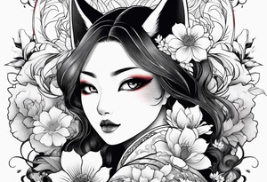 kitsune woman whit flowers tattoo idea