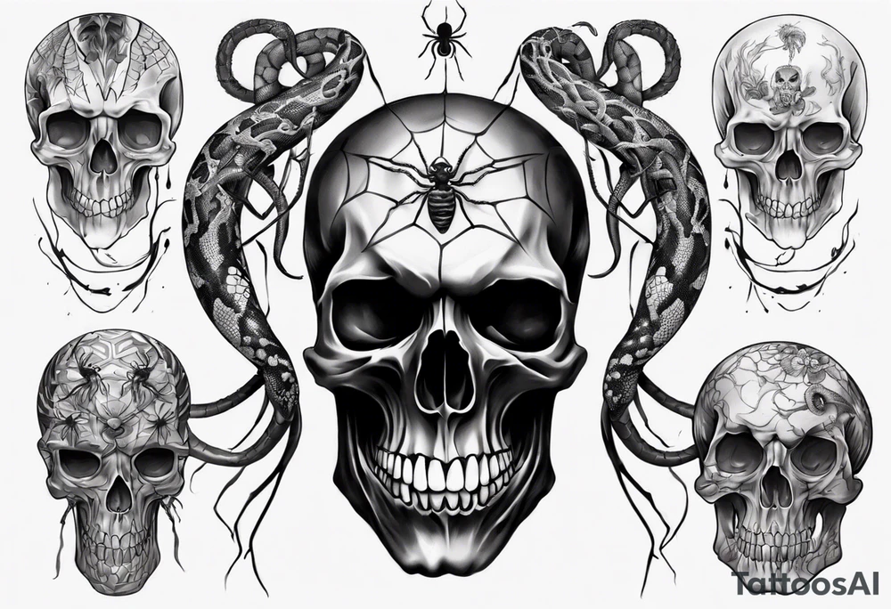 Black skull sleeve tattoo with spiders and snake tattoo idea Black skull sleeve tattoo with spiders and snake tattoo idea