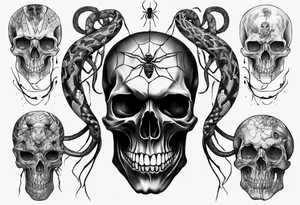 Black skull sleeve tattoo with spiders and snake tattoo idea