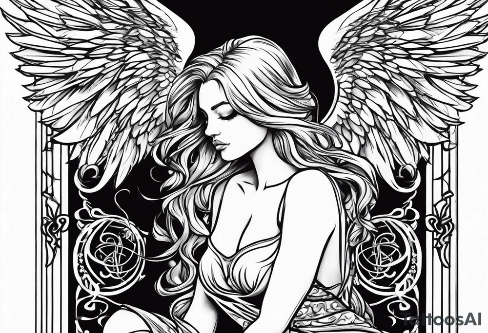 angel girl kneeling with face looking down wings wide open symbol of satan vector under her tattoo idea
