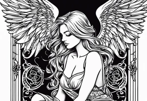 angel girl kneeling with face looking down wings wide open symbol of satan vector under her tattoo idea