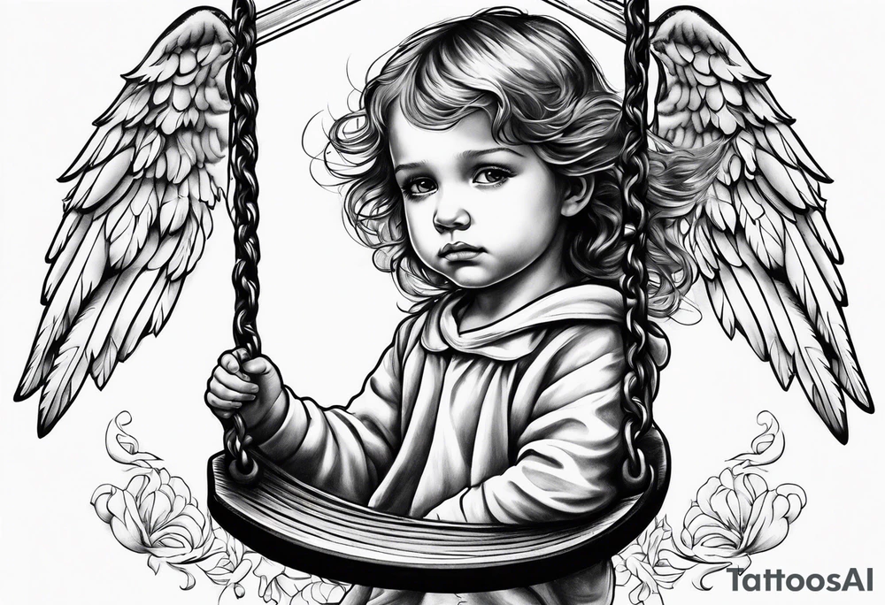 sad angel child on swing tattoo idea