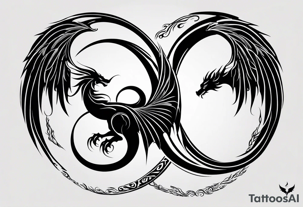 For a Gen Z-inspired dragon and phoenix tattoo, think of a clean, minimalist design that combines symbolism with bold, sleek lines. Imagine a dragon and phoenix spiraling together in a yin-yang-inspired layout. The dragon has a slightly abstract, modern shape, with sharp, flowing lines to show power, resilience, and wisdom, while the phoenix is rendered with sweeping curves and minimal detailing, symbolizing rebirth, growth, and transformation.

Both creatures should interact harmoniously, representing balance and duality. To keep it meaningful, focus on line work rather than intricate shading—clear, open spaces allow the tattoo to feel light and energetic. Adding small symbols, like stars or a faint galaxy backdrop, can enhance the "rising from ashes" and "strength through challenge" themes. This design will appeal timelessly while resonating with Gen Z’s love for symbolism and simplicity. tattoo idea