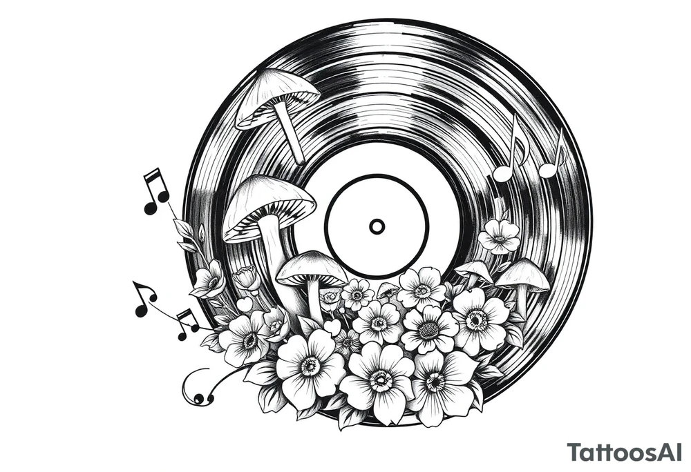 vinyl record with mushrooms, flowers, hearts, and music notes tattoo idea